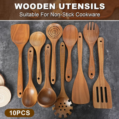 Kitchen Utensils 10-Piece Teak Wood Spoon and Spatula Set with Thickened, Basic and Shovel Configurations