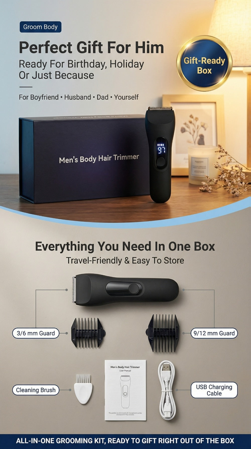 Waterproof Beard Trimmer 5-in-1 Body Grooming Kit for Men IP67 USB Rechargeable Electric Razor with Ceramic Blades LED Display