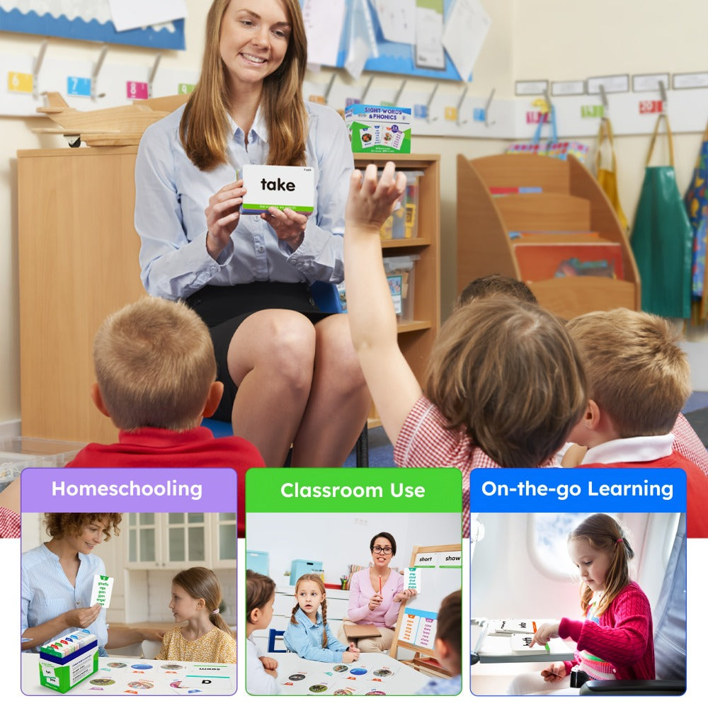 Sight Words Flash Cards 500 Cards & 150 Phonics Cards Set 1000+ Dolch Fry High Frequency Words CVC Blends Long Vowels | Learn to Read Cards