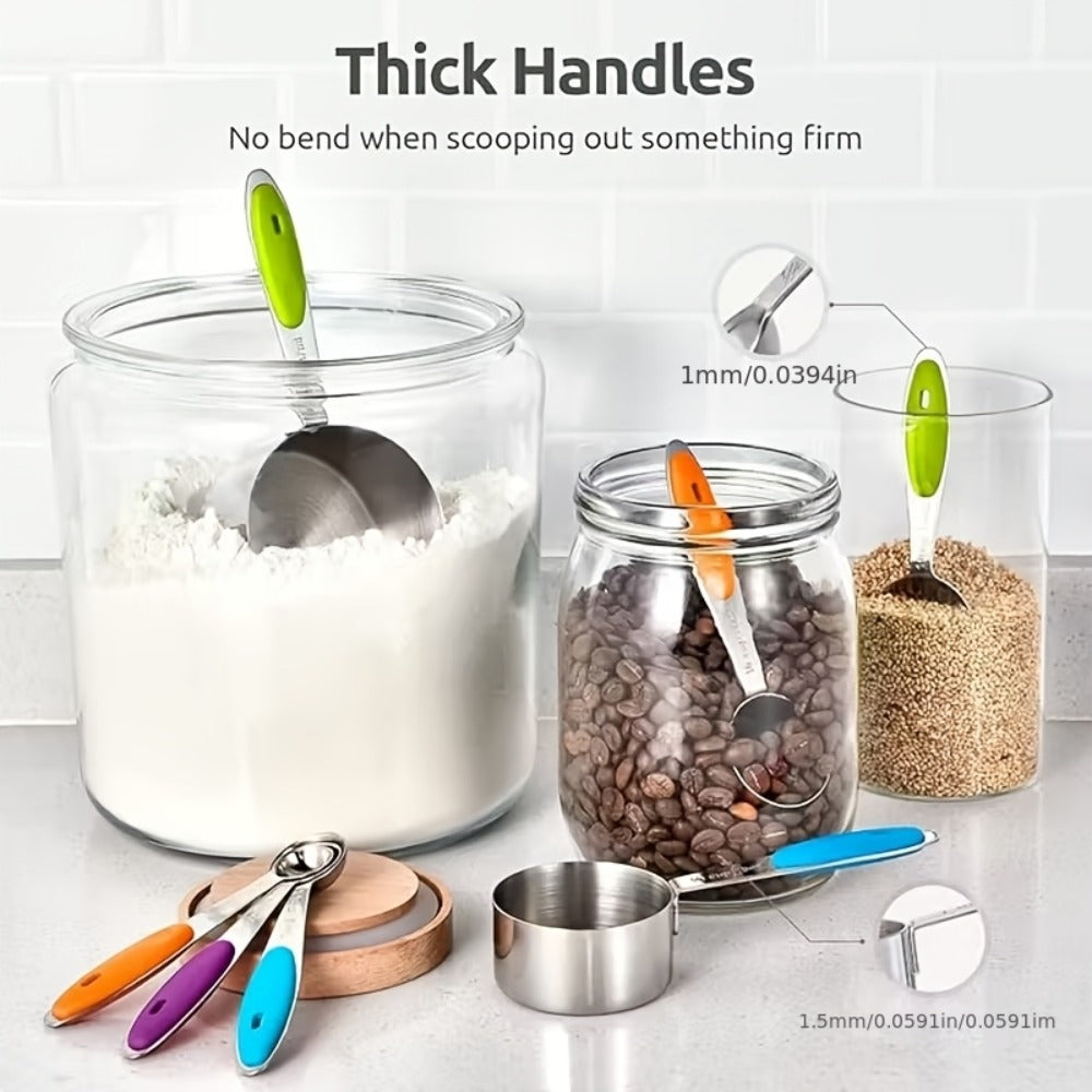 Measuring Cups and Spoons Set 10-Piece Stainless Steel with Silicone Handle, Precise Baking & Cooking Measurement Tools