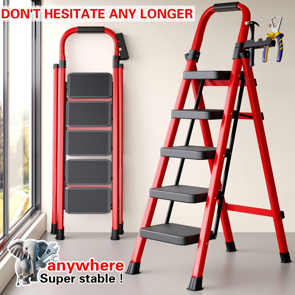 Folding Step Ladder 3 5 Step Steel Anti-Slip Wide Treads Handrail Safety Lock Portable for Home Cooking, Dining and Outdoor Meals