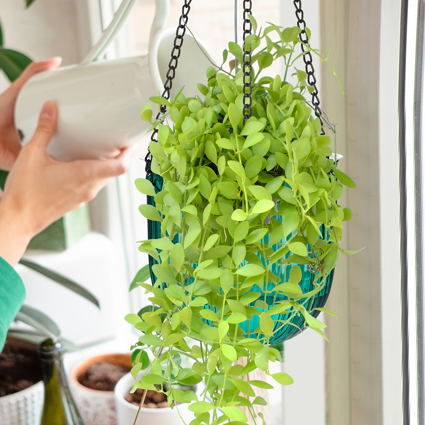 Self Watering Hanging Planters Set of 4 – 6.5" & 4.5" Hanging Flower Pots with 3 Hooks & Drainage Holes for Indoor Outdoor Home Garden
