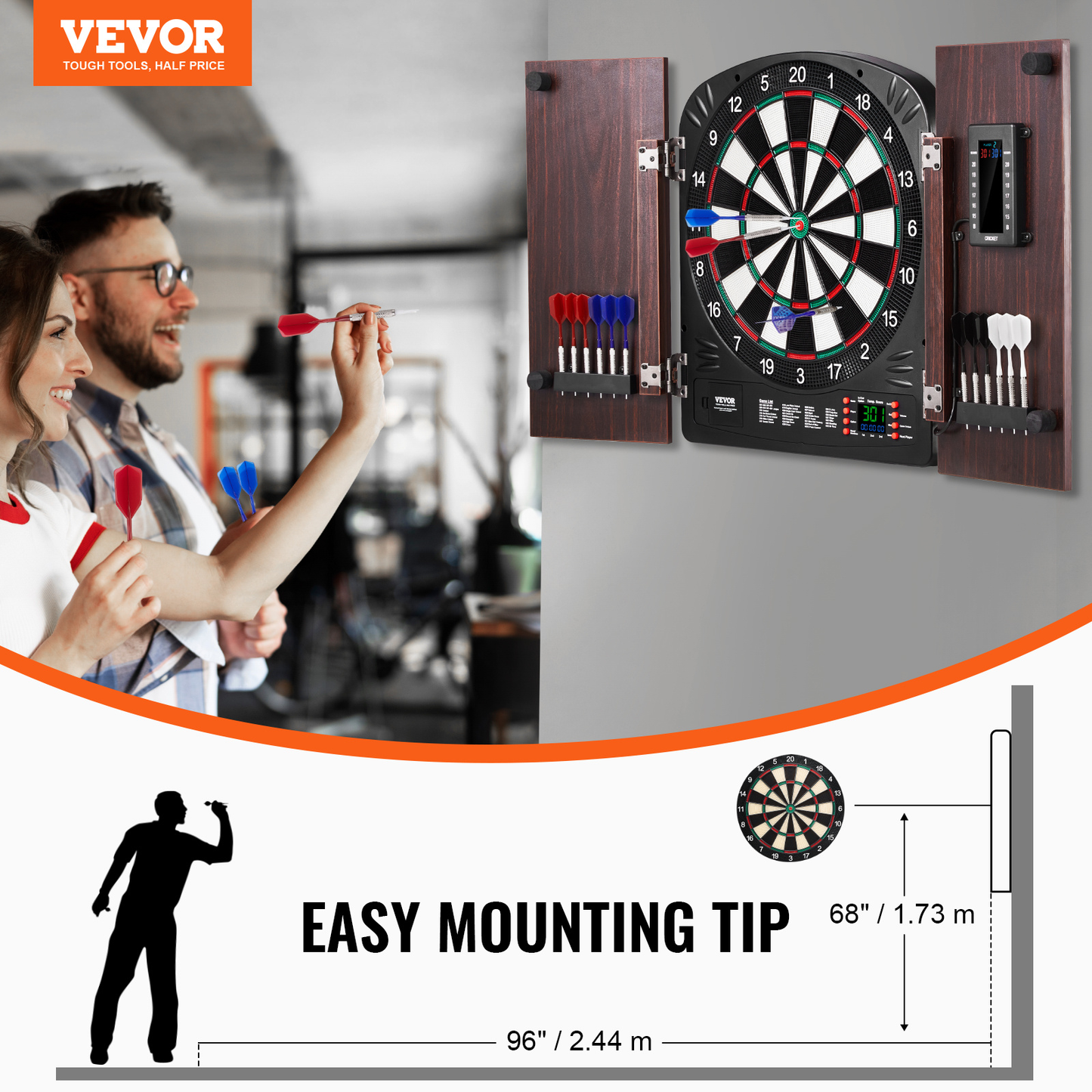 Electronic Dartboard Cabinet Set with LED Scoring – 13.5" Soft Tip, 40 Games 590 Variations, Retro Wood Cabinet, 1-8 Players