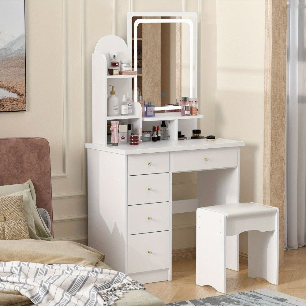 Vanity Desk, Set with Large Mirror 5 Drawers Cushioned Stool and Storage Shelves 55 Inch shown in the main product view