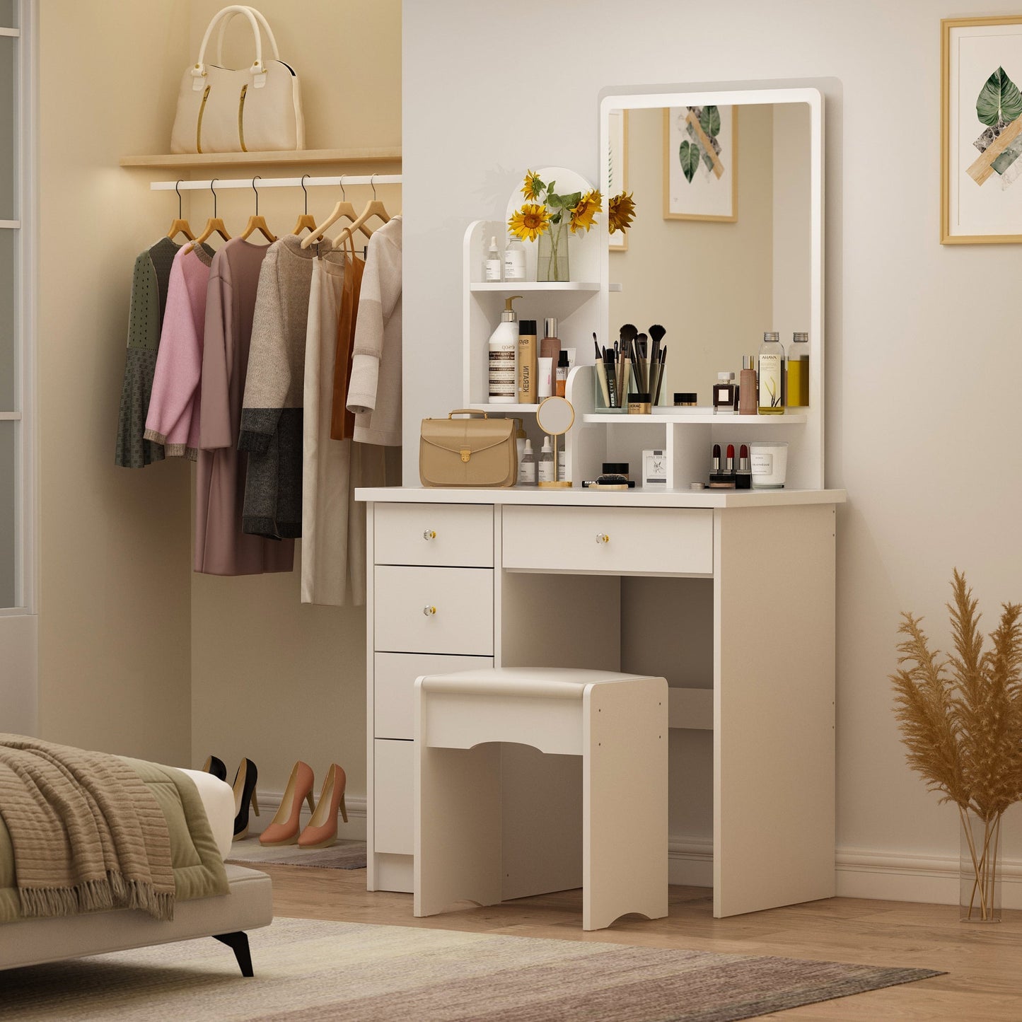 Vanity Desk shown in the White, Without LED Light option