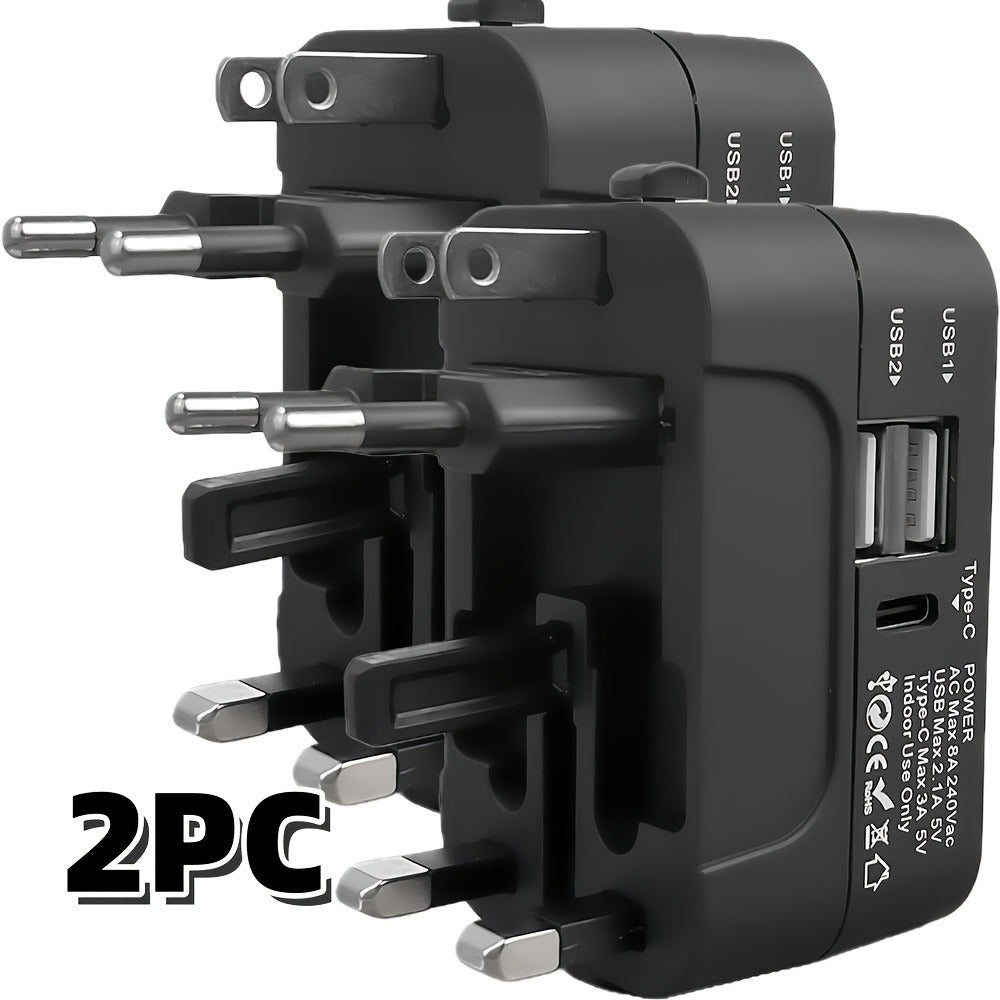 Universal Travel Adapter with Surge Protection - 2 USB & Type-C Ports, All-in-One International Plug for 350+ Countries