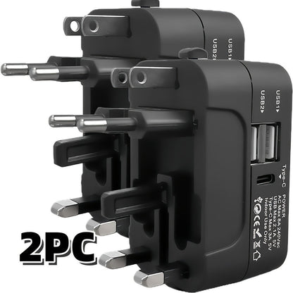 Universal Travel Adapter with Surge Protection - 2 USB & Type-C Ports, All-in-One International Plug for 350+ Countries