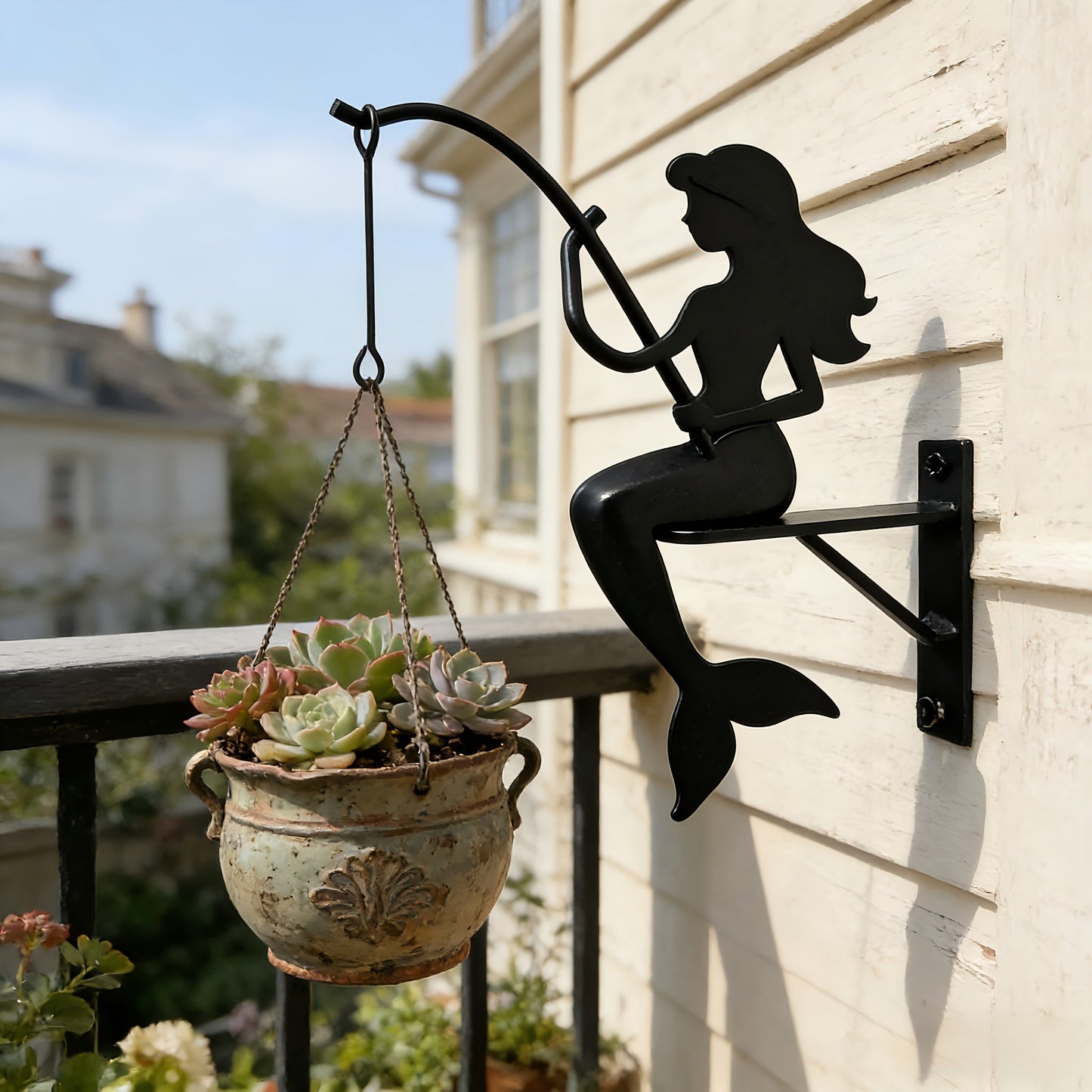 Wall Planter Hanging Iron Art Mermaid Flower Pot Holder for Balcony Vertical Garden – Creative Fisherman Theme Indoor Outdoor Plant Stand