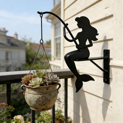Wall Planter Hanging Iron Art Mermaid Flower Pot Holder for Balcony Vertical Garden – Creative Fisherman Theme Indoor Outdoor Plant Stand