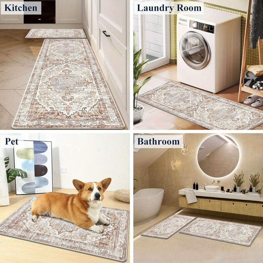 Kitchen Mat Set, 2-Piece Boho Distressed Cushioned Rugs in Five Color Patterns with 17.3x28 and 17.3x48-Inch Sizes