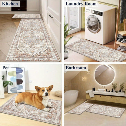Kitchen Mat Set, 2-Piece Boho Distressed Cushioned Rugs in Five Color Patterns with 17.3x28 and 17.3x48-Inch Sizes