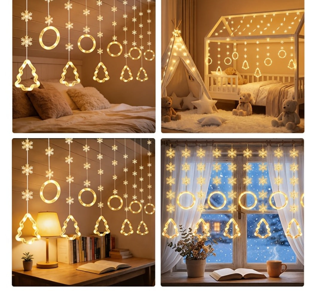String Lights, 118-Inch USB Holiday Curtain with Ten Snowflake or Star-and-Tree Drops for Indoor Display