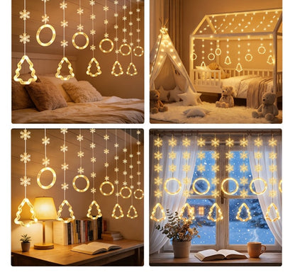 String Lights, 118-Inch USB Holiday Curtain with Ten Snowflake or Star-and-Tree Drops for Indoor Display