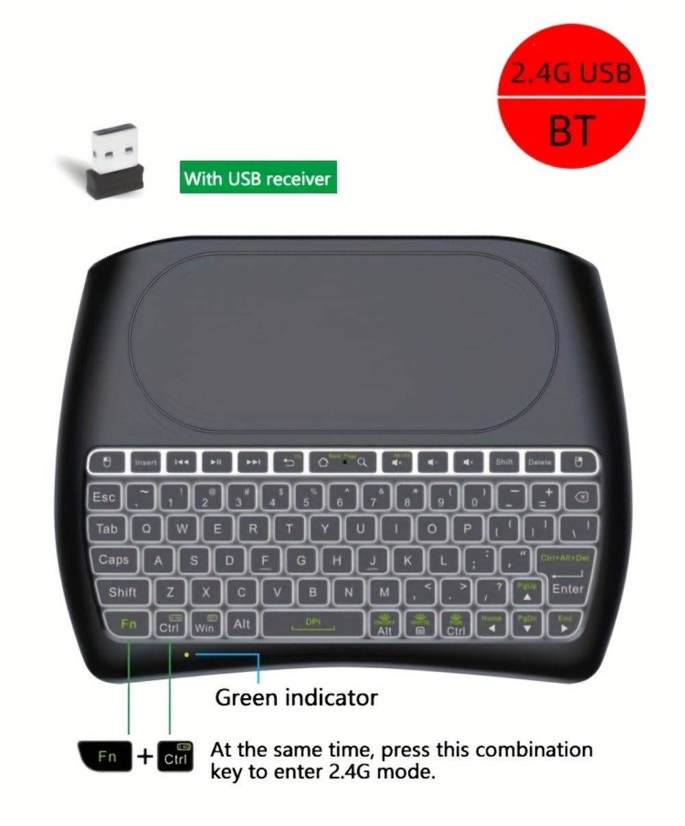 Wireless Mini Keyboard with Large Touchpad & 7-Color Backlight, Bluetooth & 2.4G Dual Mode Handheld Keyboard Remote Control