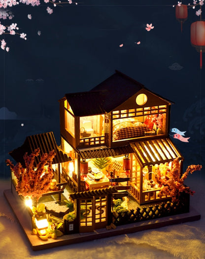DIY Miniature House Kit, Sakura Garden Villa Wooden Dollhouse with Full Furniture & Accessories, Japanese Cherry Blossom Style