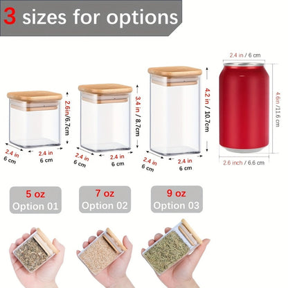 Spice Glass Jars Set with Labels 12pcs, Square Glass Spice Jars with Bamboo Lids, Sticker Labels, 5oz 7oz 9oz Food Storage Containers