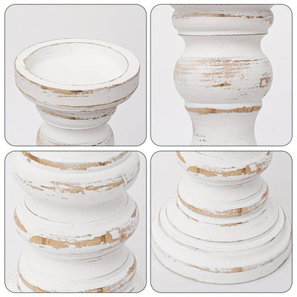 Wood Pillar Candle Holder Set of Three with Turned Pedestal Profiles, 16cm, 23cm and 30cm Heights in Three Finishes