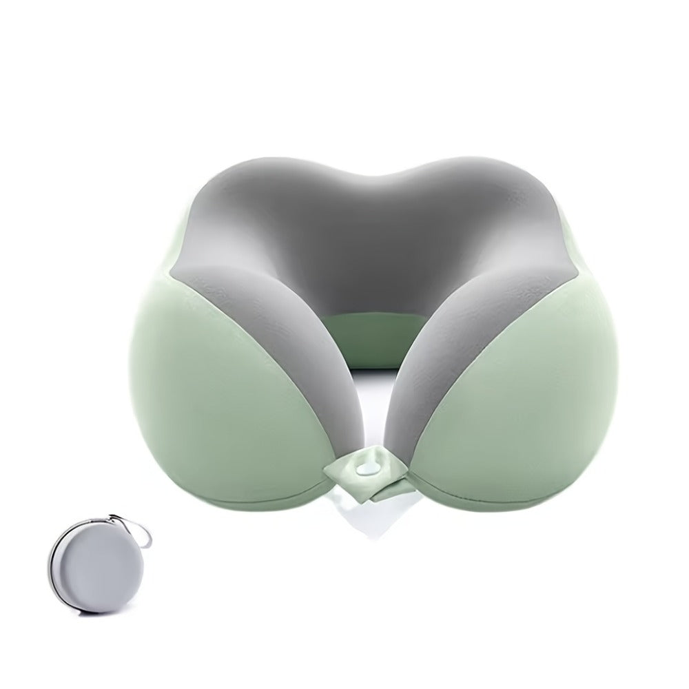 Rollable Memory Foam Travel Neck Pillow with Round Storage Case in Beige, Black or Pink-and-Gray Color Block