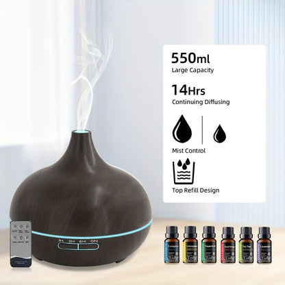 Two-Pack 550ml Essential Oil Diffuser Set with Remotes, Seven-Color Lights and 12 Oil Bottles