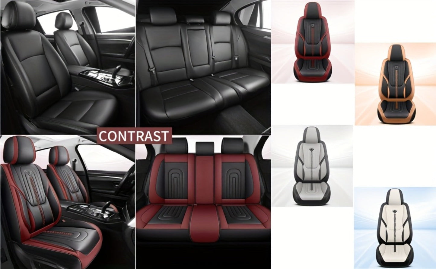 Contoured Front Car Seat Cushion Covers with Headrest Pads in Four Two-Tone Color Option Sets