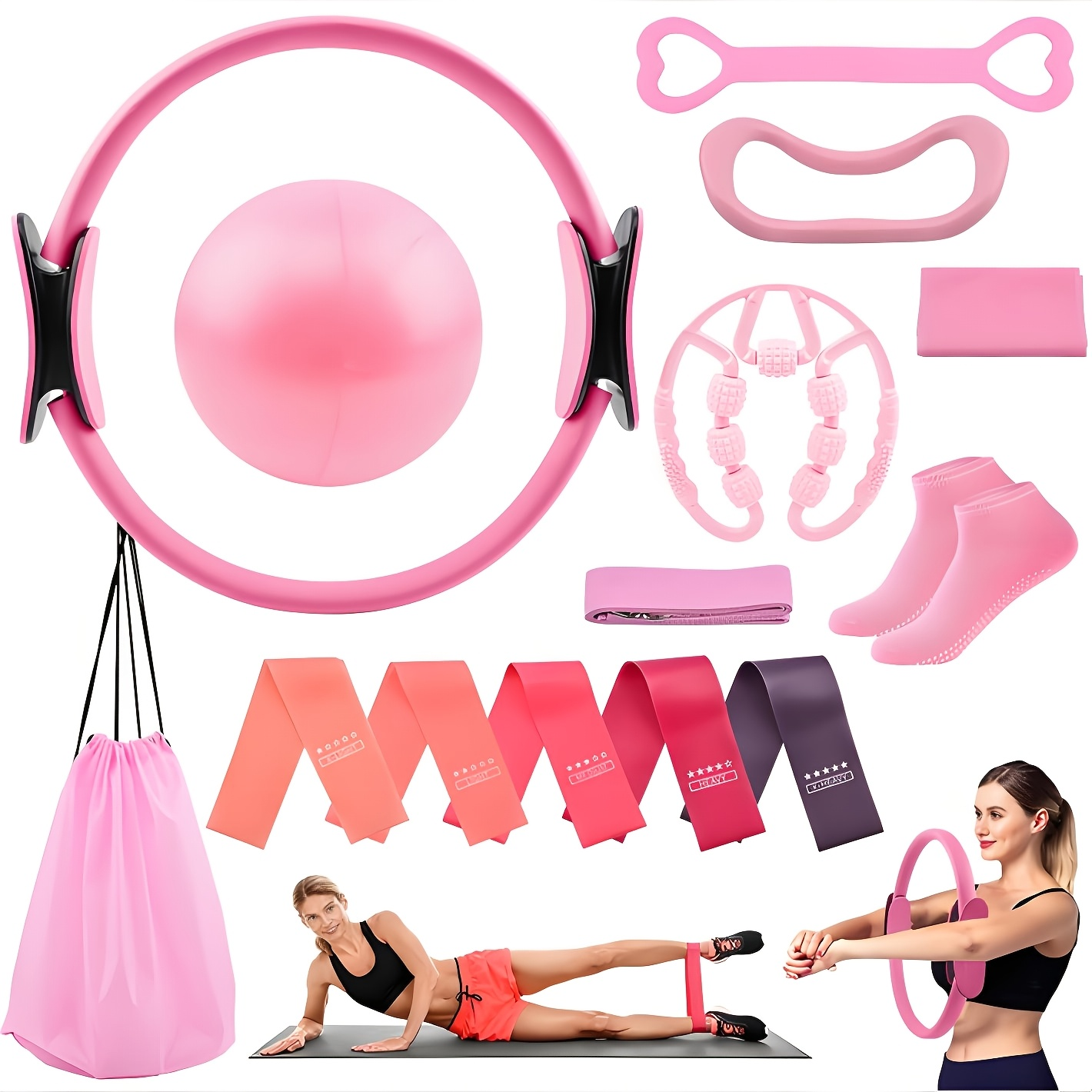 Pilates Set for Women 14-Piece – Includes 13-Inch Pilates Ring, 9-Inch Yoga Ball, 5 Resistance Bands & Hip Thrust Bands