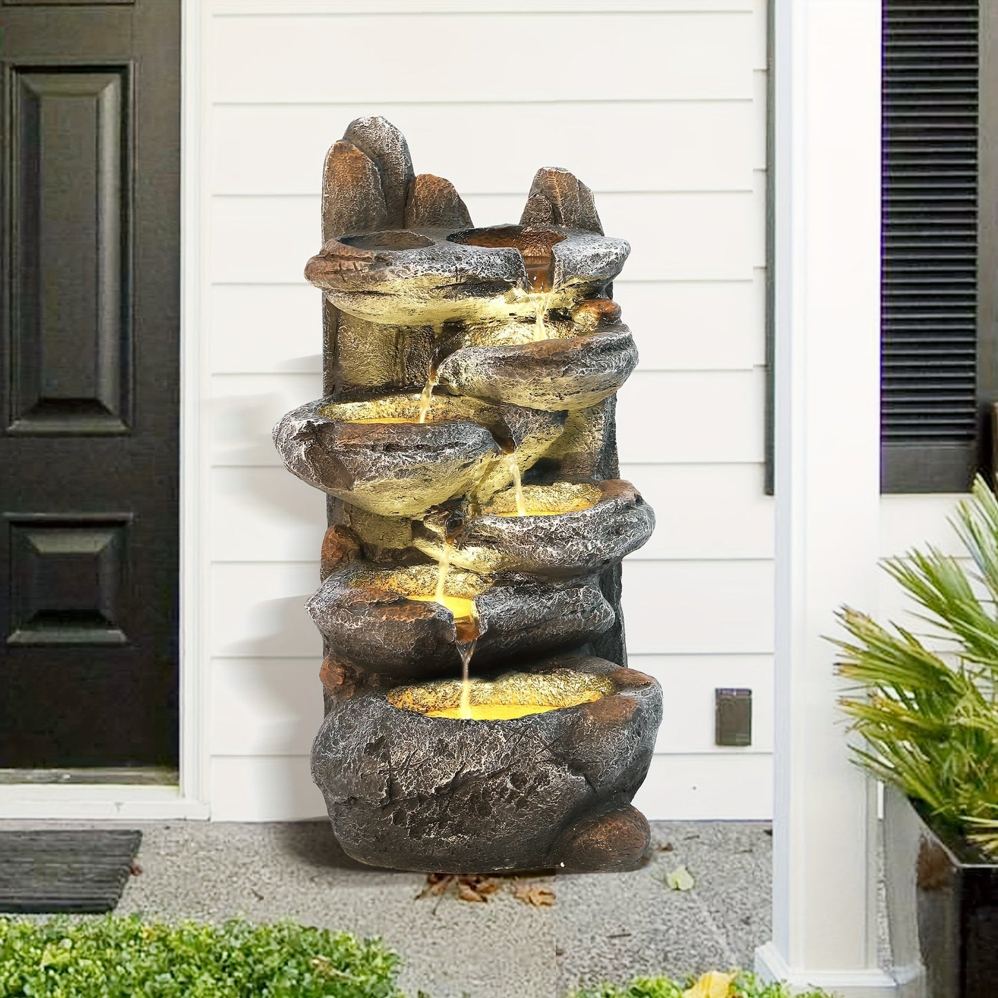 Outdoor Water Fountain 6-Tier Cascading Garden Fountain with LED Lights, Pump & Rocky Peak Decor