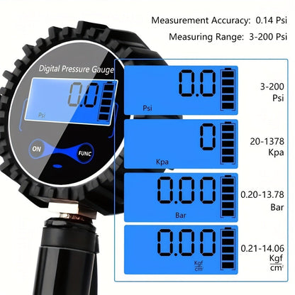 Digital Tire Inflator with Pressure Gauge 200 PSI – Cast Aluminum Pistol Grip Air Chuck, LCD Backlight, 4 Units (PSI/BAR/KPA/KGF)