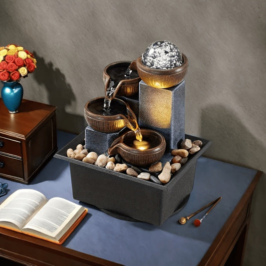 Tabletop Water Fountain Indoor, 4-Level Desktop Waterfall with LED Lights & Natural River Stones