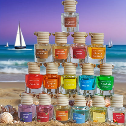 Car Air Freshener 18-Pack Hanging Diffuser Bottles with Six Random Scents and Adjustable Wooden Caps