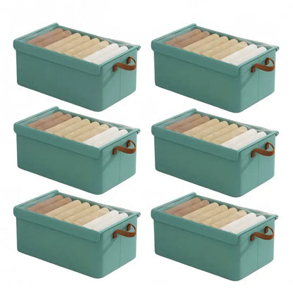 Six-Pack Foldable Fabric Storage Boxes with Clear Lids, Handles and Green, Beige or Gray Color Options