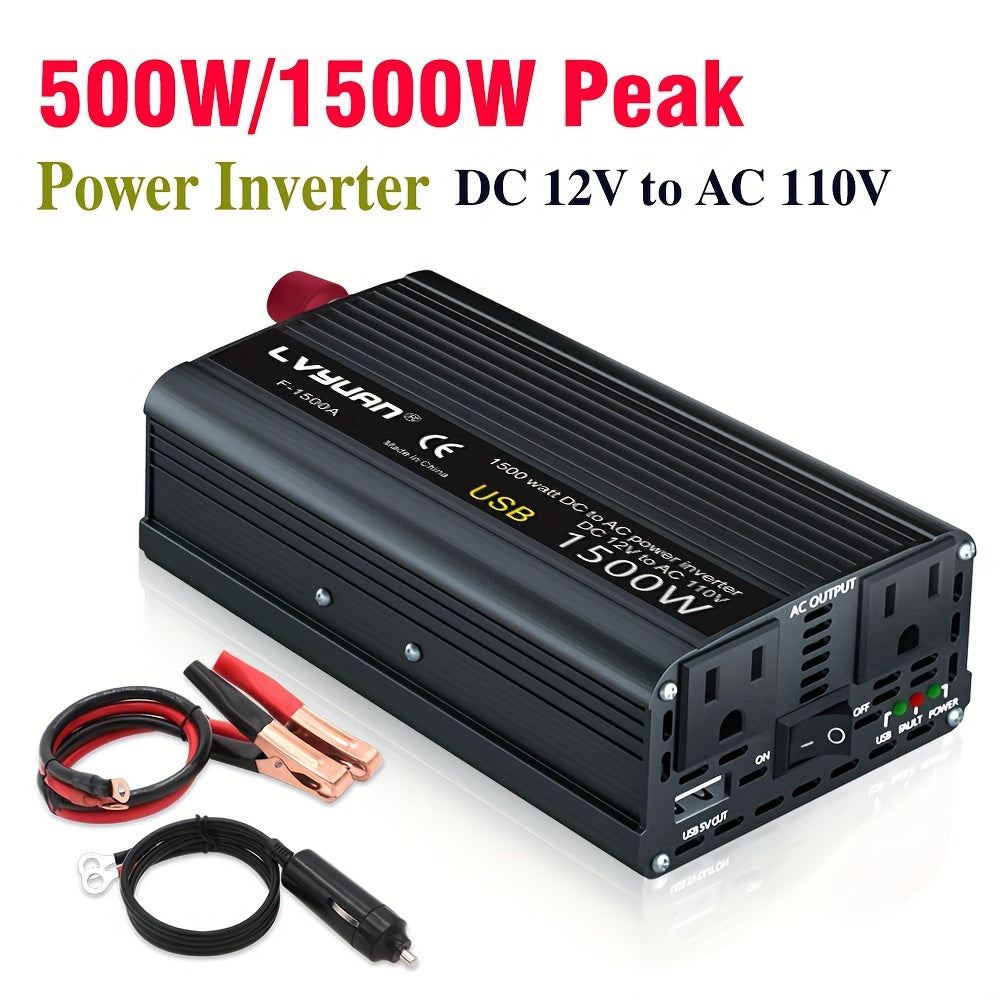 Car Power Inverter 500W 12V to 110V AC Outlet Converter with QC3.0 USB Port for Vehicle Boat Truck RV Portable Auto Power Adapter 200W Rated