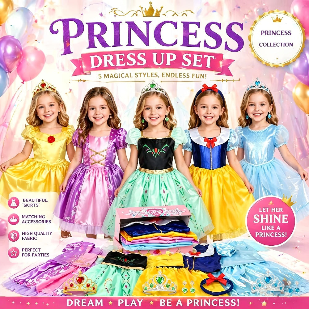 Girls Princess Dress Up Costume Set 14pcs, 5 Role Play Outfits with Crowns, Earrings & Storage Box
