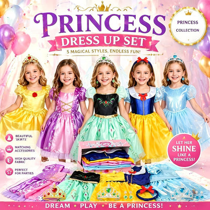Girls Princess Dress Up Costume Set 14pcs, 5 Role Play Outfits with Crowns, Earrings & Storage Box