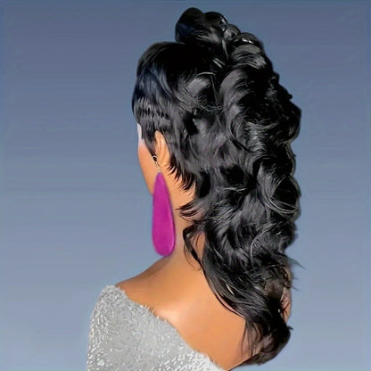 Synthetic Wig 14-Inch Curly-Wave Pixie Mullet with Bangs, 150% Density and Rose Net Cap in Three Colors