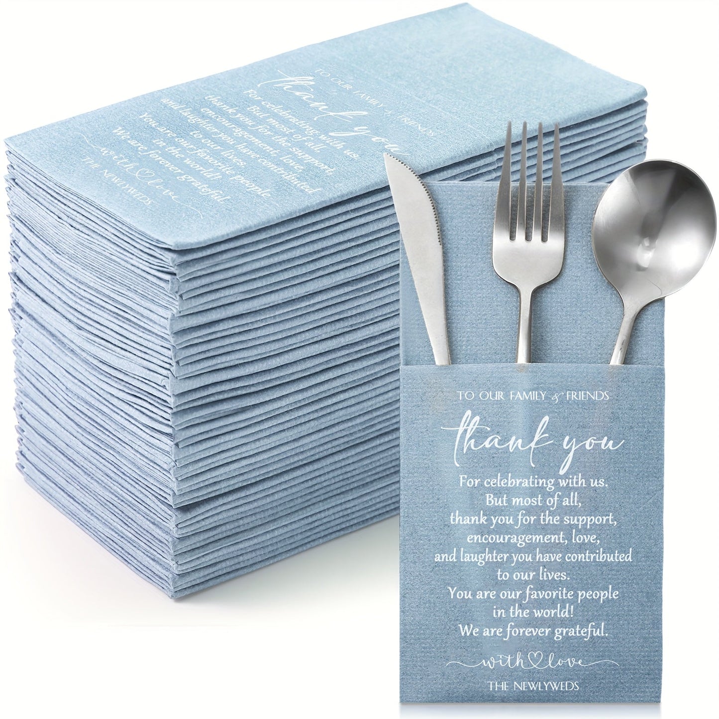 Wedding Cocktail Napkins 100pcs Thank You Napkins with Utensil Pocket Haze Blue Tissue Napkins for Bridal Shower Rehearsal Dinner Reception
