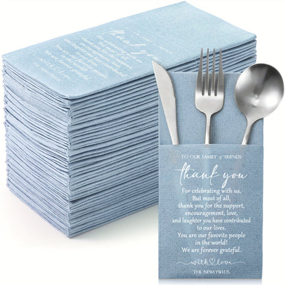 Wedding Cocktail Napkins 100pcs Thank You Napkins with Utensil Pocket Haze Blue Tissue Napkins for Bridal Shower Rehearsal Dinner Reception