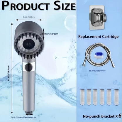 High Pressure Shower Head Set 4-Piece – Turbine Spray Wall Mounted, 3-Stage Adjustable Mode, 6 Water Filters & 68" Hose
