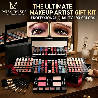 Makeup Kit 190-Color Fold-Out Face and Eye Palette with Center Mirror, 144 Eyeshadow Shades and Eight Brushes