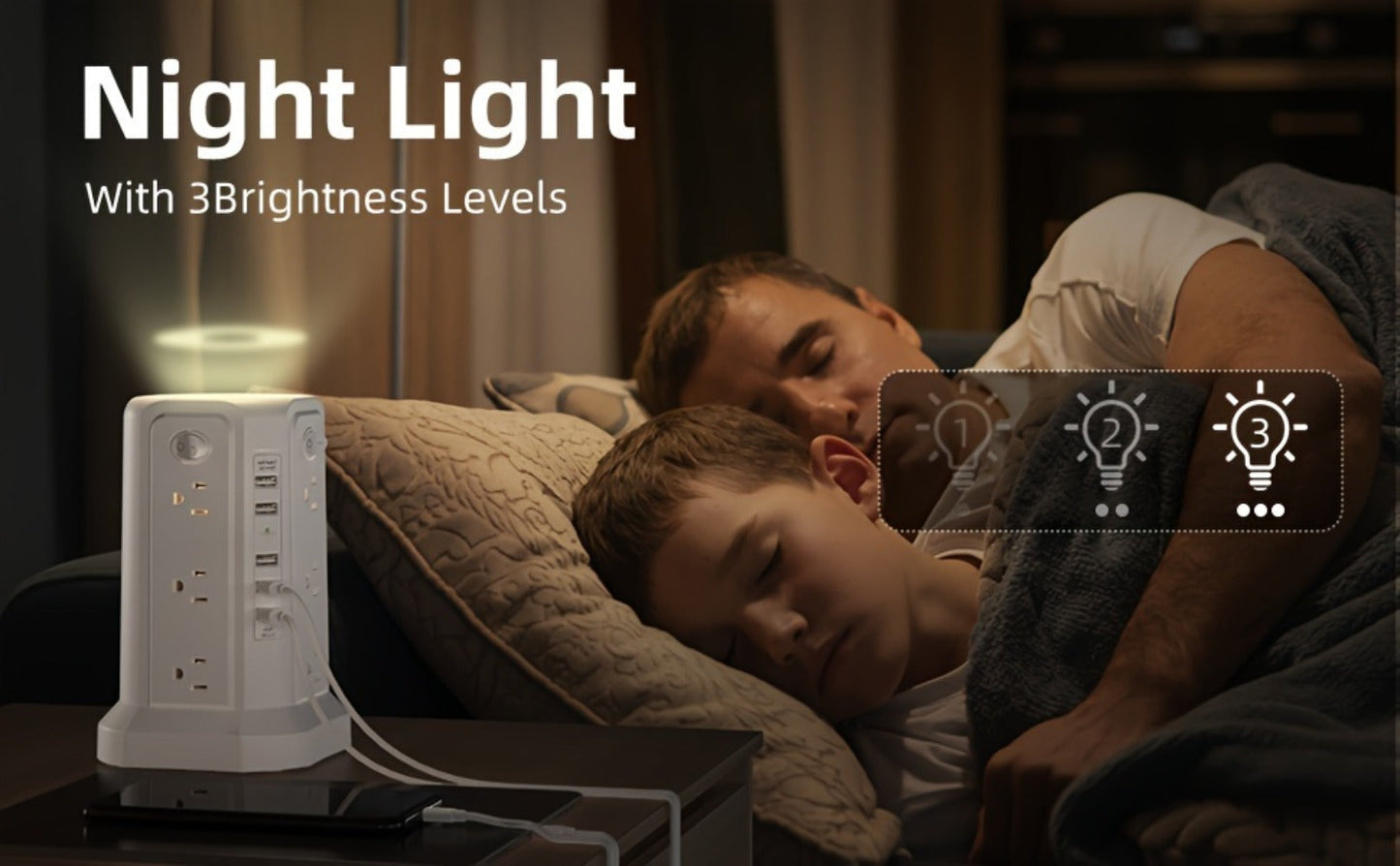 Night Light Power Tower Surge Protector 17-in-1, 12 AC Outlets & 5 USB Ports, 10.2ft Extension Cord