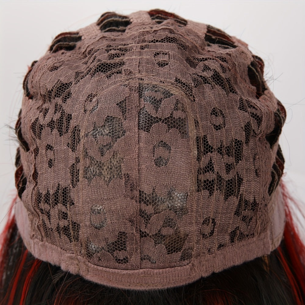 Synthetic Wig 24-Inch Straight Style with Red Highlights, A-Shape Bangs and Adjustable Rose Net Cap
