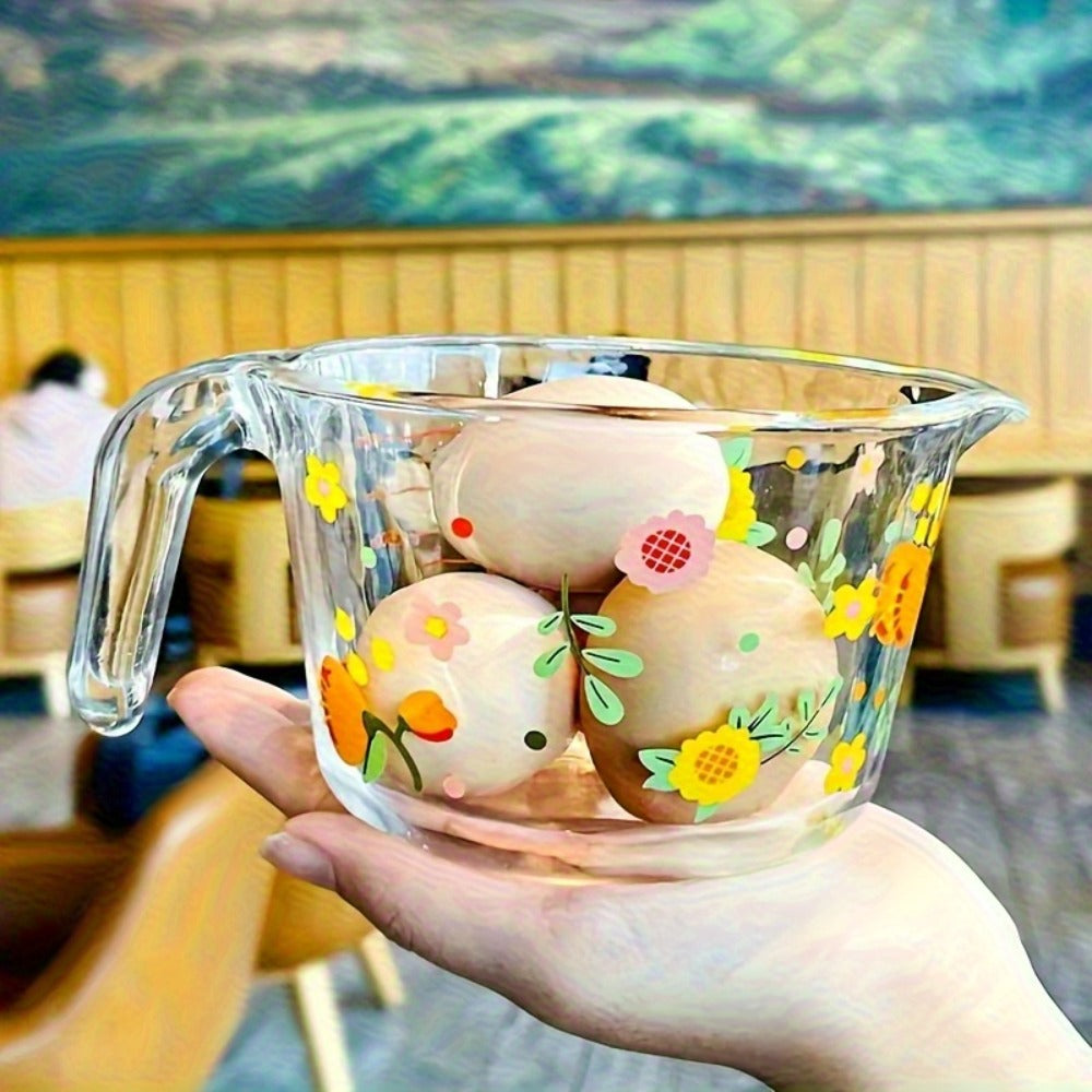 Glass Measuring Cup Floral Pattern Transparent Microwave Oven Freezer Safe 13.56 oz 16.91 oz for Home Cooking, Dining and Outdoor Meals