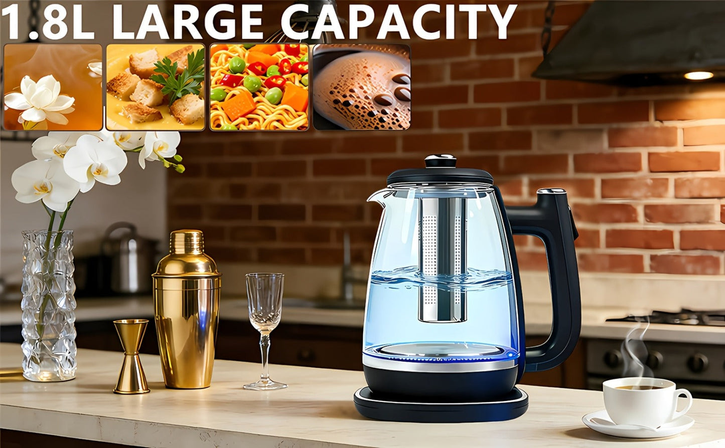 Electric Kettle 1150W Fast Heating, Removable Stainless Steel Filter, Overheat Protection & Easy to Clean