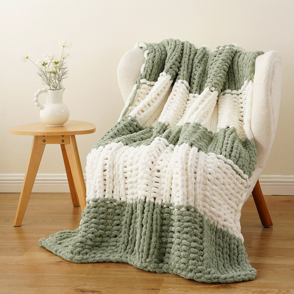 Chunky Chenille Cable Knit Throw Blanket, 350-400gsm Crochet Throw for Sofa, Bed & Couch, Vintage Patchwork