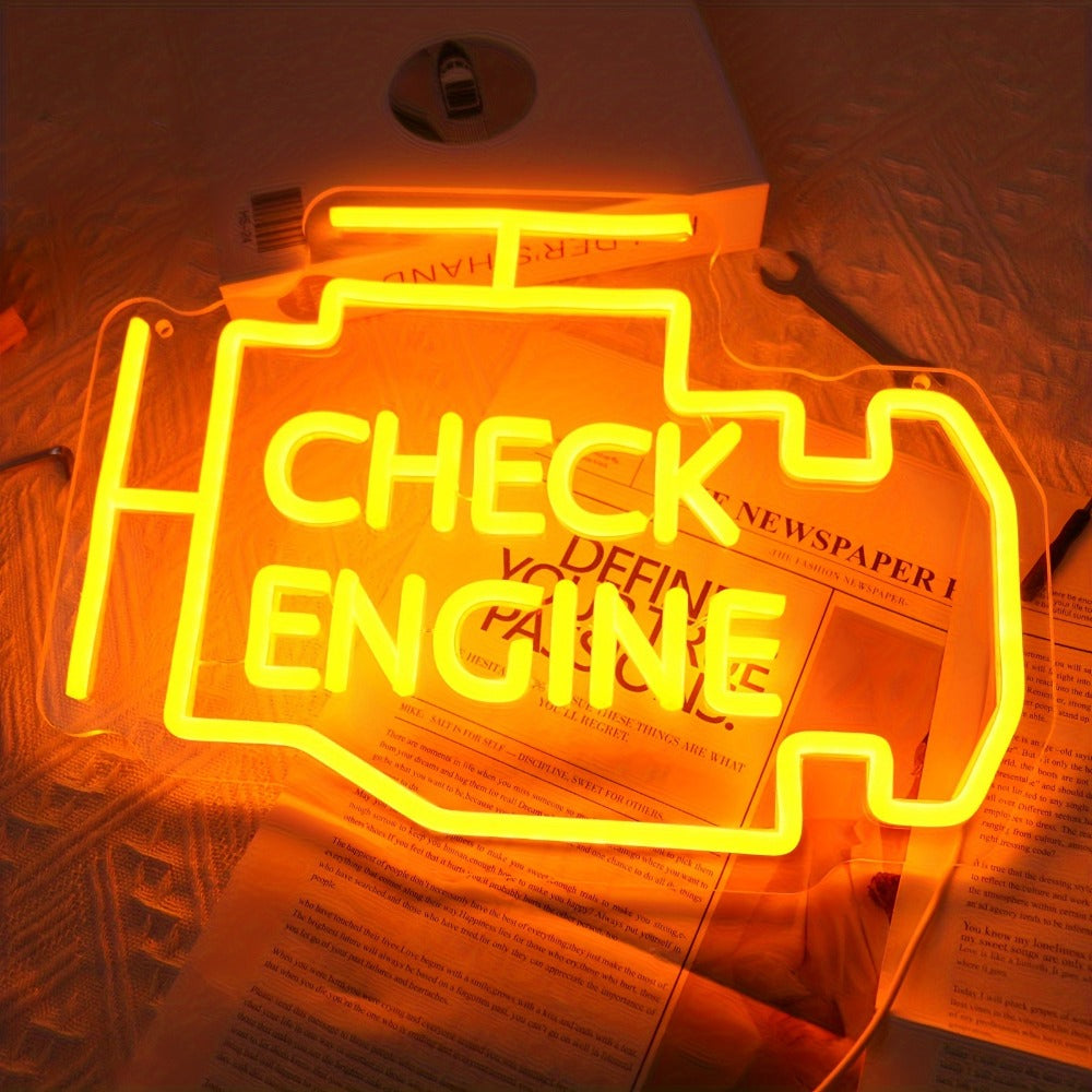 Check Engine Neon Sign – LED Dimmable USB Powered Neon Light for Garage Wall Decor, Car Repair Shop, Workshop, Man Cave, Game Room