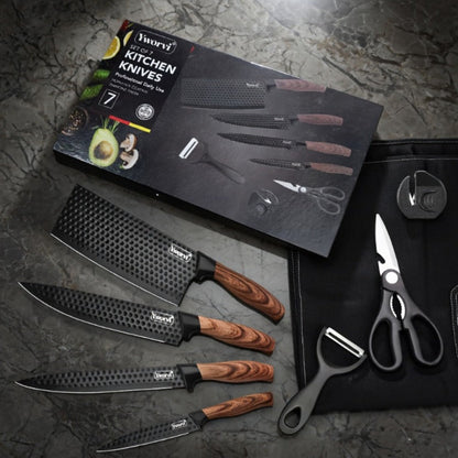 Seven-Piece Kitchen Knife Set with Four Blades, Scissors, Peeler and Sharpener, Offered in Two Styles