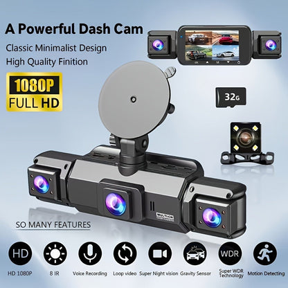 1080P-Labeled Dash Camera with Three- or Four-Lens Options, Screen, G-Sensor and WiFi/32GB Bundle