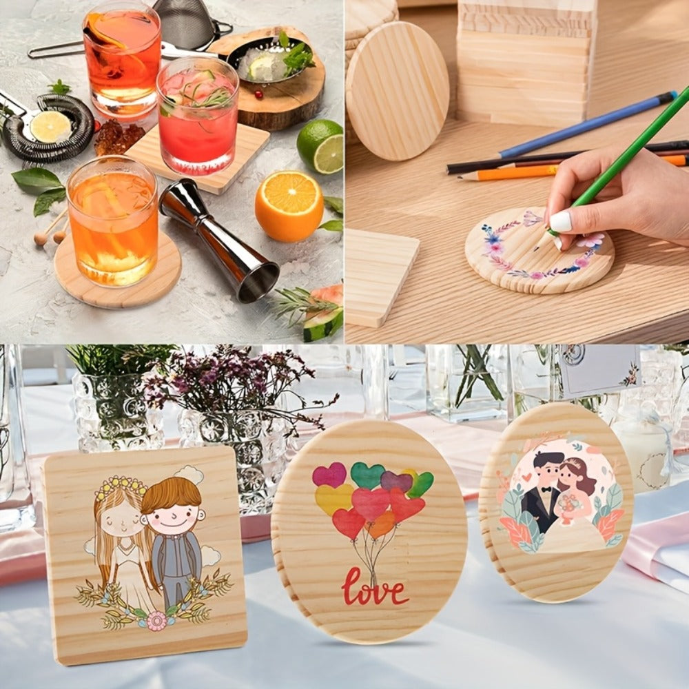 Unfinished Wood Coasters for Crafts 4 Inch Square and Round Wooden Coasters with Pad for DIY for Home Cooking, Dining and Outdoor Meals