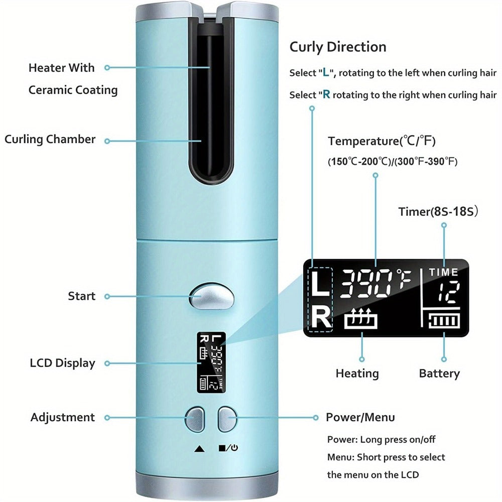 USB-Rechargeable Automatic Curling Chamber with Six Heat Settings, LCD Timer and Four Color Options