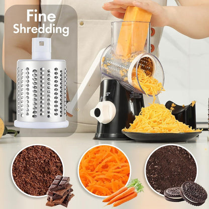 Rotary Cheese Grater, Stainless Steel Hand Crank Shredder with 3 Interchangeable Blades, Suction Base & Cleaning Brush