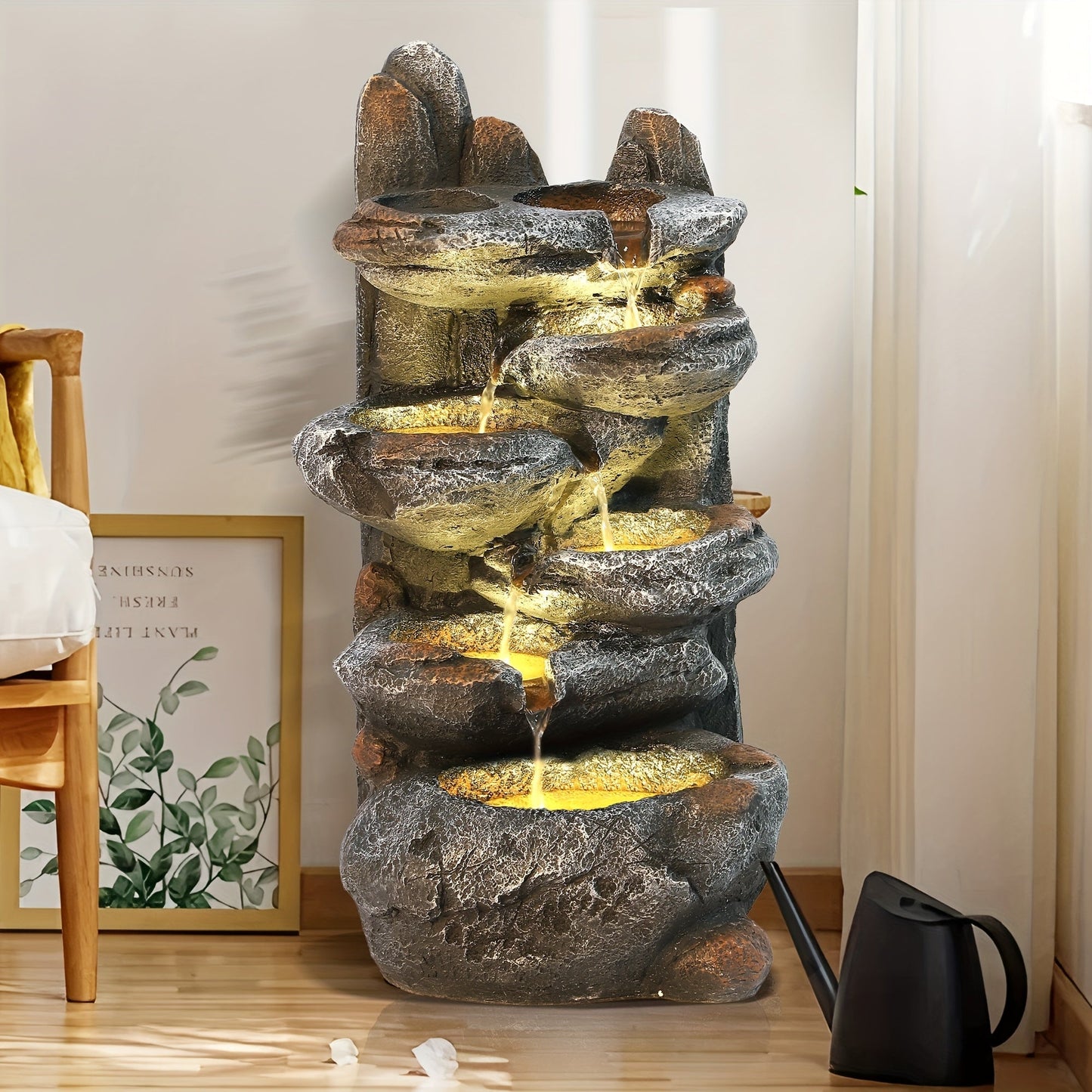 Outdoor Water Fountain 6-Tier Cascading Garden Fountain with LED Lights, Pump & Rocky Peak Decor